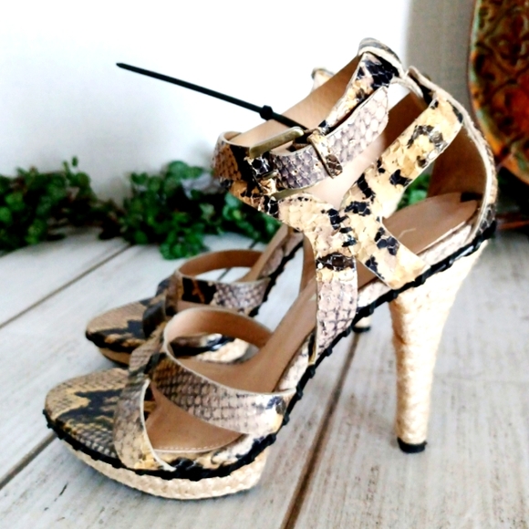 Via Spiga Crisscross Ankle Strap Leather Snake Embossed Jute Platform Sandal - Picture 12 of 16